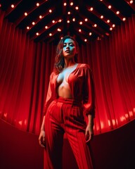 Woman in a red color standing outside, in the style of fashon shooting, vibrant stage backdrops, night fashion photography