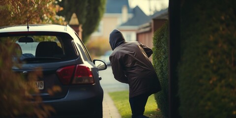 Rear view of a thief stealing a car, trying to open the door , concept of Unwanted property possession - obrazy, fototapety, plakaty