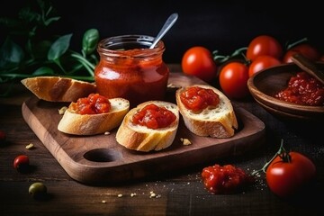 Traditional Italian appetizer with toasted bread, tomato and olive spread. Generative AI