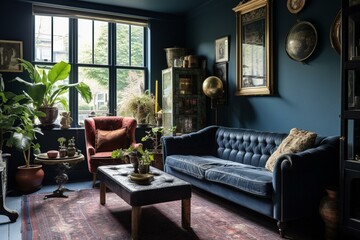 Vintage vibe in a dark blue living space with retro furniture. Generative AI