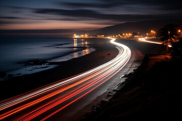 long exposure photo of a highway, night,speed line，motion blur,beach traffic long exposure