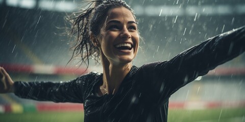 Close-up of a female soccer player running with her hands raised in the rain at a stadium with blurry spectators , concept of Spirited determination - obrazy, fototapety, plakaty