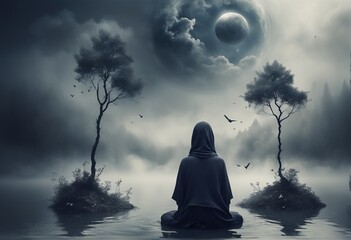 woman sitting by the sea and looking at nightwoman sitting by the sea and looking at nights beautiful woman in a dark forest with a moon in the night