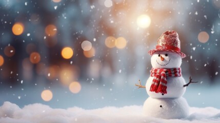 Naklejka na ściany i meble Christmas snowy background with a cute snowman and copy space. AI generative