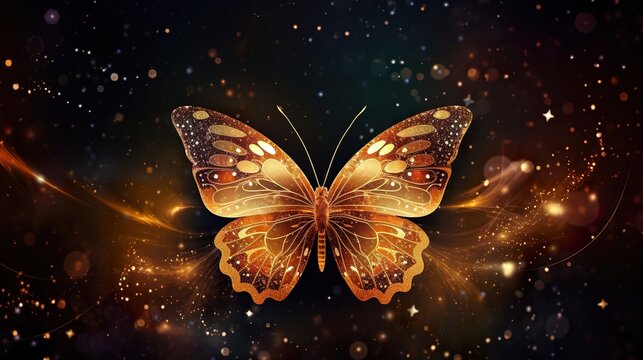beautiful golden light butterfly and open space with stars and nebulas background, colorful illustration