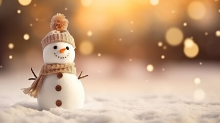 Christmas snowy background with a cute snowman and copy space. AI generative