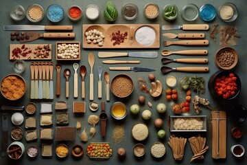 Arranged kitchen tools and ingredients. Generative AI