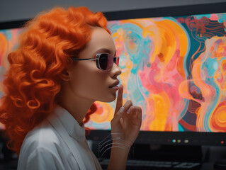 Red hair woman wearning glasses in front of colorful screens