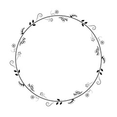 Abstract Black Simple Line Round Circle With Leaf Leaves Frame Flowers Doodle Outline Element Vector Design Style Sketch Isolated Illustration For Wedding And Banner