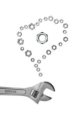 Conceptual image of a wrench and nuts on white background. Nuts are organized in the form of a speech bubble (thought bubble) (Dream Big)