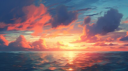 Beautiful landscape background. Cartoon summer sunset with clouds and lake. Anime style