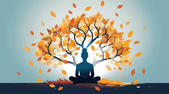person meditate at nature under tree branch, new life, solitude and tranquility concept, serene and calm scene