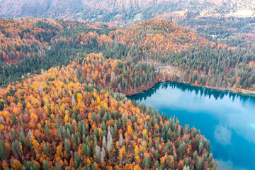 aerial view of Fusine lakes in autumn colors