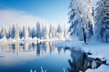 winter landscape with lake, generative ai 