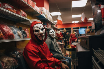 Store robbery. Masked robbers rob a store. - obrazy, fototapety, plakaty