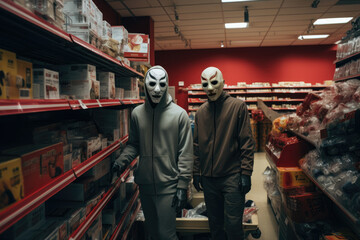 Masked robbers rob a store. - obrazy, fototapety, plakaty