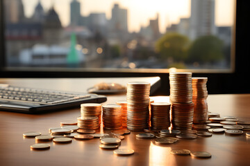 Finance and Coins on Wooden Table with Blurred Effect