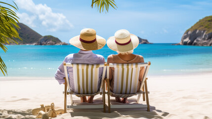 elderly married couple is relaxing on the beach, sitting in sun loungers, enjoying the landscape of paradise nature. - Powered by Adobe