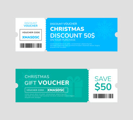 Christmas gift voucher template. Gift discount coupon design for holiday and seasonal sale cards. Vector illustration
