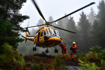Fototapeta premium rescue helicopter takes the wounded out of the forest.