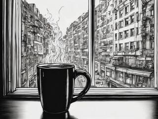 A cup of coffee in front of the window with a view of the city. Black and white illustration