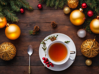 Christmas tea on the table with Christmas decorations, Christmas background