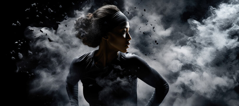 Dynamic image of a beautiful runner on a black background with smoke. The athlete runs in the smoke and looks to the side. Copy space. © Evgeniia