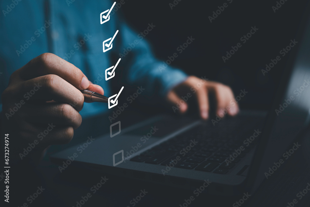 Poster businessman using pen to tick correct sign mark on virtual checklist for quality control and assuran