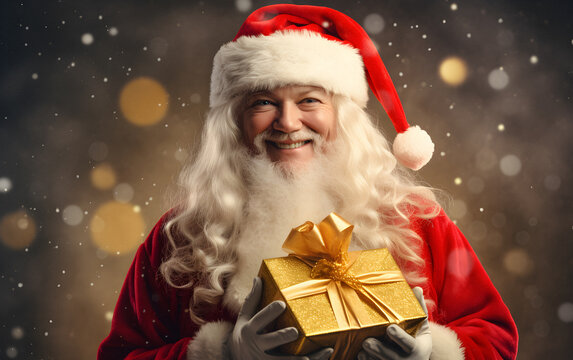 christmas gifts, Santa Claus, Old funny Santa,chrismas symbol, golden christmas particles, present gift box, santa impressed gift, packing goods, bokeh background, defocused bokeh effect