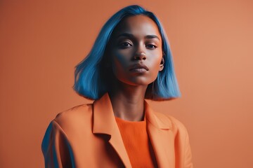 portrait of young african american woman with blue hairstyle posing in studio portrait of young african american woman with blue hairstyle posing in studio portrait of beautiful woman in blue jacket w