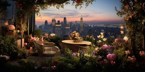 In a bustling city that never sleeps, a secret garden blooms on the rooftop of a skyscraper , concept of Urban Oasis - obrazy, fototapety, plakaty