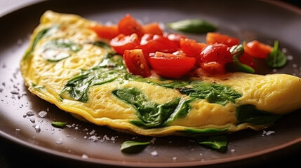 Spinach and Tomato Omelet on Plate on Selective Focus Background