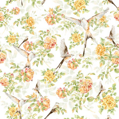 Vintage seamless pattern with bright roses and birds, made in watercolor. Perfect for textiles