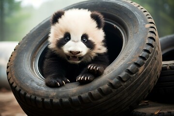 adorable panda having fun with car tires. Generative AI - obrazy, fototapety, plakaty