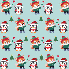 Cute seamless pattern features a playful fox, a penguin, and a festive Christmas tree on a blue background.