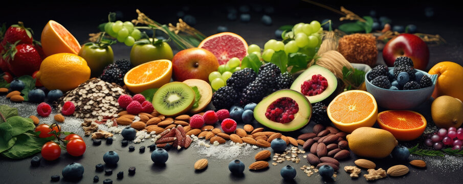 Mix of fresh raw vegetables, fruits and cooking ingredients. Healthy food concept. Weight loss and Fitness lifestyle