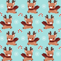 Cute Reindeer Snowflake Candy Cane Seamless Pattern.Seamless pattern features cute reindeer, snowflakes, and candy canes on a blue background.