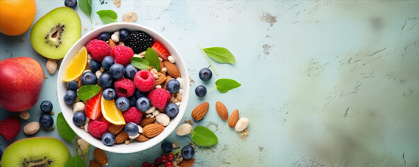 Top view of colorful fruit mix with nuts in a bowl. Healthy breakfast concept. Fresh fruit, raw food - obrazy, fototapety, plakaty