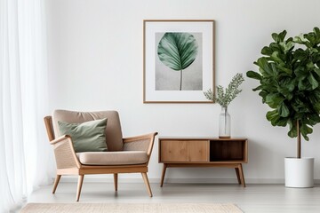 Modern Scandinavian living room with a poster frame, commode, vase with leaf, rattan armchair, book, and stylish accessories. Generative AI