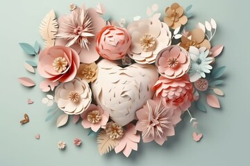 3D floral heart surrounded by paper flowers, boho bridal bouquet on a valentine's day greeting card. Generative AI