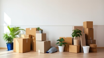 Fototapeta premium cardboard boxes and plants ready for a move. moving to a new house
