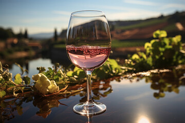 Rosé Wine Glass Against Vineyard Landscape at Sunset