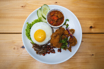 Malaysian Nasi Lemak with Fried Chicken and Egg