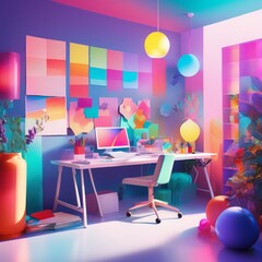 3d illustration of modern workplace with computer, table and colorful lights 3d illustration of modern workplace with computer, table and colorful lights 3d illustration, office with computer and desk