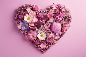 Heart-shaped composition from various flowers on a pink background. AI generative