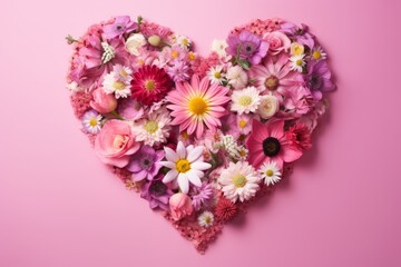 Heart-shaped composition from various flowers on a pink background. AI generative