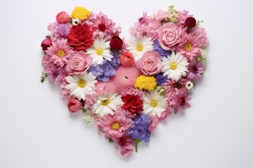 Heart-shaped composition from various flowers on a white background. AI generative