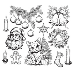Christmas hand drawn decorations, vector elements. Traditional Christmas symbol illustrations