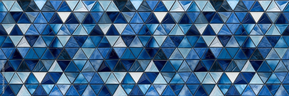 Poster abstract triangular blue white mosaic tile wallpaper wall or floor texture with geometric triangles 