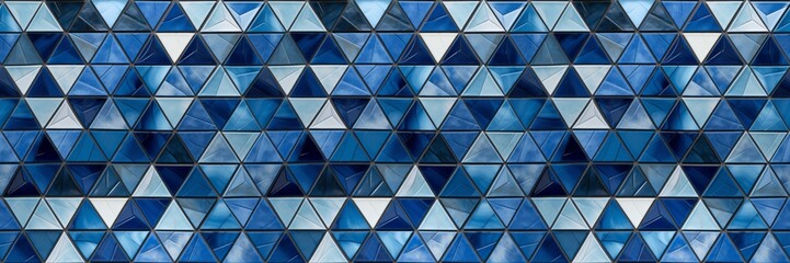 Abstract triangular blue white mosaic tile wallpaper wall or floor texture with geometric triangles...